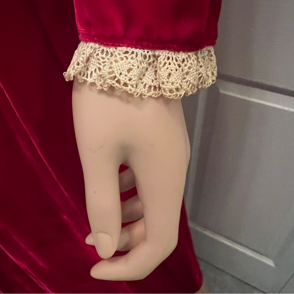 1960 Red Velvet Long Christmas Dress Lace Trim Lind Sleeve - Picture 9 of 10